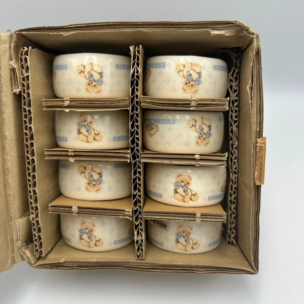 Vintage 80s Stoneware Country Bears Tienshan Napkin Rings Set Cottage Theodore
